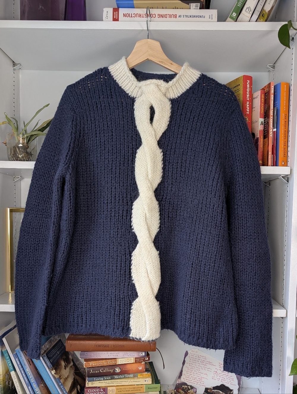 Vintage LL Bean Navy Sweater Cream Cable Wool Mohair Blend Size Large Nautical